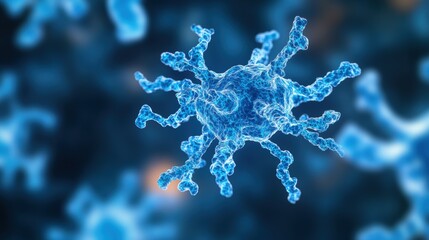 Poster - A detailed depiction of a blue virus-like structure, showcasing intricate features and a microscopic view against a blurred background.