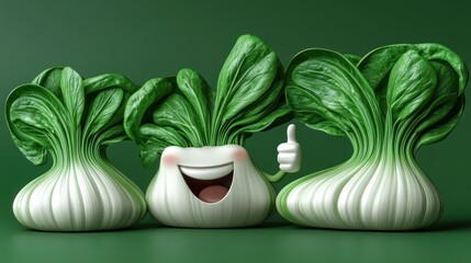 Wall Mural - Three Bok Choy Heads with Cartoon Faces and Expressions, Posing in front of a Green Background.