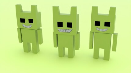 Wall Mural - Three light green pixelated characters with large eyes and smiles stand side-by-side on a light lime green background.