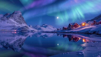 Wall Mural - greenland nuuk aurora reflections along shore tilt down generative ai