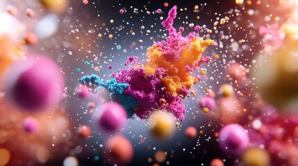 Poster - A vibrant explosion of colorful particles against a dark background, creating a dynamic and artistic abstract scene.