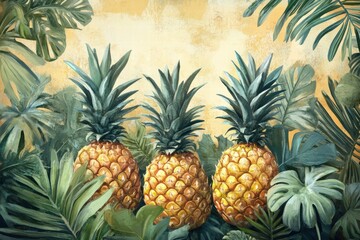 Poster - Vibrant pineapples nestled among lush palm trees and tropical foliage in a colorful setting. Generative AI