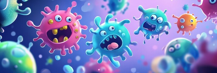 Poster - Playful cartoon viruses engage in a whimsical battle against friendly antibodies in a colorful micro world. Generative AI