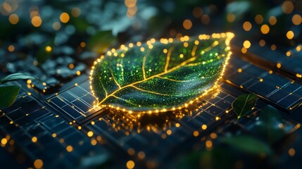 Wall Mural - glowing green leaf on solar panels symbolizing sustainable technology