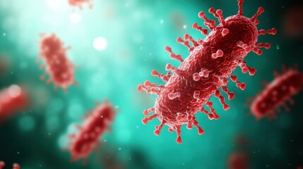 Poster - A vivid depiction of red bacteria with spikes, floating in a colorful, blurred background, illustrating the microscopic world of microorganisms.