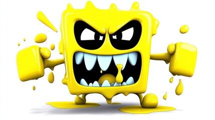 Wall Mural - Yellow angry square monster character, dripping with paint, in a threatening pose.