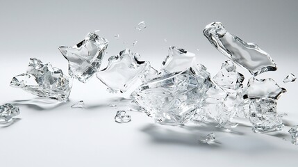 Poster - Shattered glass fragments scattered on a white background.