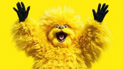 Wall Mural - Yellow furry creature with arms raised, wide open mouth, and excited expression against a bright yellow background.