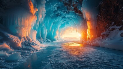 Wall Mural - Spectacular ice cave with vibrant sunset glow and icicles in winter wonderland