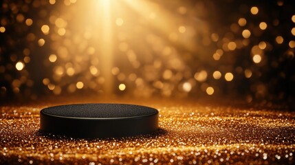 Poster - A dark circular platform sits amid shimmering golden sparkles, illuminated by a warm glow, creating a captivating and luxurious atmosphere.