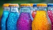 © kamonrat - A close-up view of colorful bottles with condensation, filled with vibrant beverages in hues of blue, purple, and orange. The bottles are topped with yellow caps, creating a refreshing and appealing l