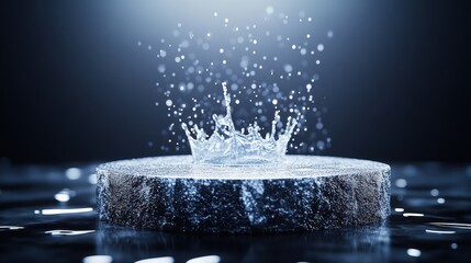 Poster - A circular object creates a splash in water, surrounded by droplets, captured in a dramatic, illuminated setting.