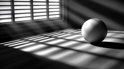Poster - Sunlit sphere on wooden floor, shadows from blinds.