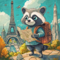 Aufkleber - Curious raccoon explores iconic landmarks with a map and backpack in a vibrant city landscape. Generative AI