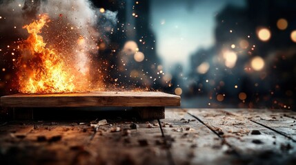 Poster - A fiery explosion illuminates a gritty urban scene, creating a dramatic contrast against the blurred background.