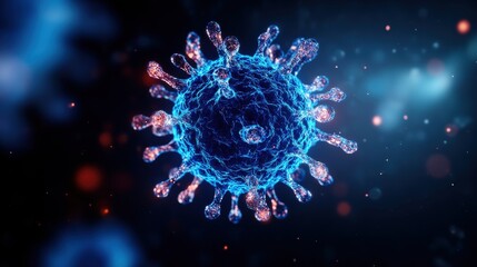 Poster - This image depicts a detailed, artistic representation of a virus, showcasing its structure with spikes and a vibrant blue aesthetic.