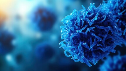 Poster - A close-up view of blue microscopic structures, resembling cells or microbes, set against a softly blurred background.