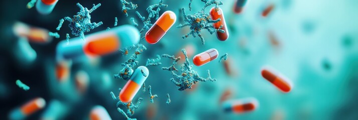 Poster - Pills surround and target bacteria representing advancements in medical science and treatments in a modern healthcare context. Generative AI