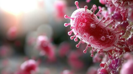 Poster - A close-up view of a pink bacterium showcasing its detailed structure, surrounded by other similar microorganisms in a blurred background.