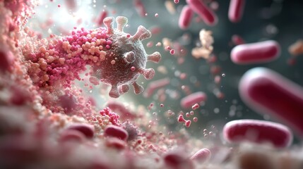 Poster - A detailed microscopic view of viruses and bacteria interacting in a vibrant, abstract environment, showcasing their intricate structures and colors.