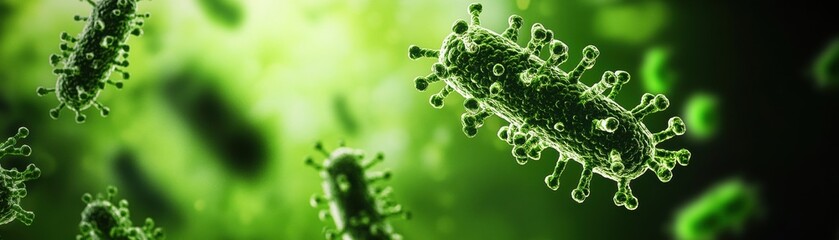 Poster - Green bacteria on a black background showcasing cellular structure and microscopic details