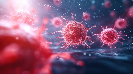 Poster - a vivid depiction of virus particles in a microscopic view, showcasing intricate details and a dynam