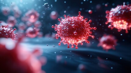 Poster - a close-up visualization of red virus particles, showcasing their structure against a blurred backgr
