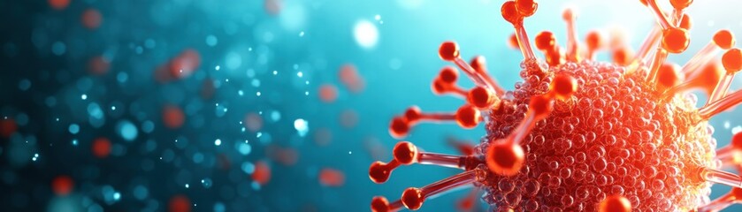 Poster - a close-up view of a virus structure, highlighting its spikes and vibrant colors against a blurred b