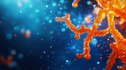 Poster - A vibrant, abstract representation of orange structures against a blue background, evoking a sense of molecular or cellular activity.