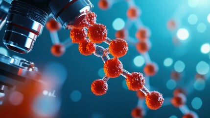 Poster - A close-up view of a microscope revealing red molecular structures, symbolizing scientific research and exploration in a vibrant, abstract background.