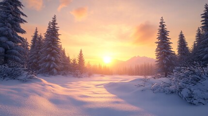 Wall Mural - Serene winter sunrise over snow-covered forest with pine trees and mountains