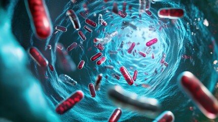 Poster - Pills encircling bacteria in a dynamic visual metaphor for advancements in medical science and healthcare solutions. Generative AI