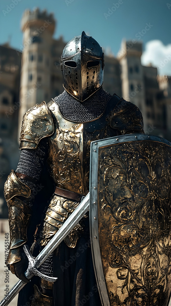 A medieval knight in shining gold armor stands guard before a majestic ...