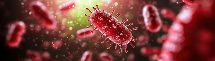 Poster - A close-up view of vibrant red bacteria, showcasing their intricate structure against a blurred green background.