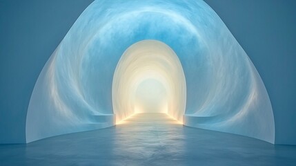 Poster - Abstract blue tunnel with glowing light at the end.