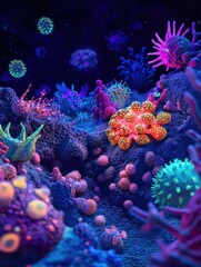 Aufkleber - Vibrant microscopic landscape displaying glowing viruses and cellular structures in a colorful underwater world. Generative AI