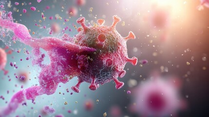Poster - A vibrant, close-up view of a virus, depicted with intricate details and colorful structures, illustrating its microscopic complexity and movement.