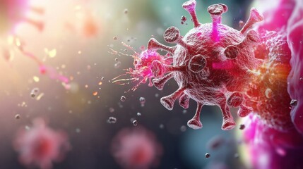 Poster - A close-up view of a virus, showcasing its structure with colorful details and particles, highlighting the microscopic world of pathogens.