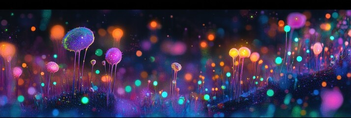 Aufkleber - Vibrant microscopic landscape showcasing glowing viruses in a colorful environment. Generative AI