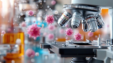 Poster - Microscope with a colorful flower placed on top in a laboratory setting for scientific research