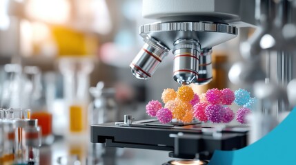 Poster - A modern laboratory setting with a microscope focused on colorful molecular structures, highlighting scientific research and innovation.