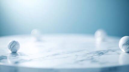 Poster - A close-up view of a smooth marble surface with spherical objects, illuminated by soft light, creating a serene and modern aesthetic.