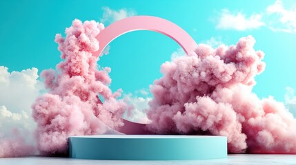 Poster - Pink cloud with a circular formation in the center against a clear blue sky background