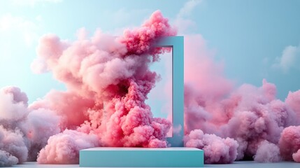Poster - Pink cloud emerging from a white pedestal in a bright artistic setting with a clean background