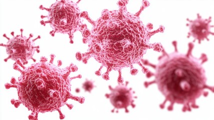 Poster - Group of red viruses under a microscope showcasing their structure and shape in a scientific environment