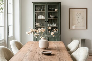 Sticker - Cozy dining room interior with rustic wooden table and elegant green cabinet