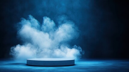 Poster - Round white table with a swirling blue smoke cloud in a minimalistic setting