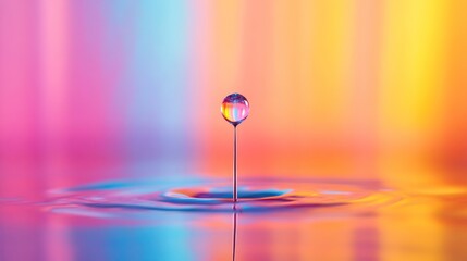 Wall Mural - Vibrant water droplet about to fall, creating ripples in colorful liquid.