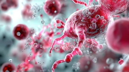 Poster - A vibrant, detailed depiction of cells, showcasing cellular structures in a microscopic view with a focus on red hues and dynamic movement.