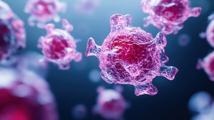 Poster - A colorful, microscopic view of virus-like particles, showcasing their intricate structure and details against a blurred background.